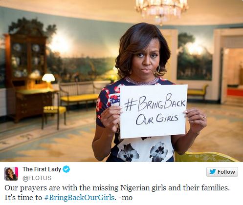 Michelle Obamas Twitter-melding til støtte for de bortførte kvinnene i Nigeria.